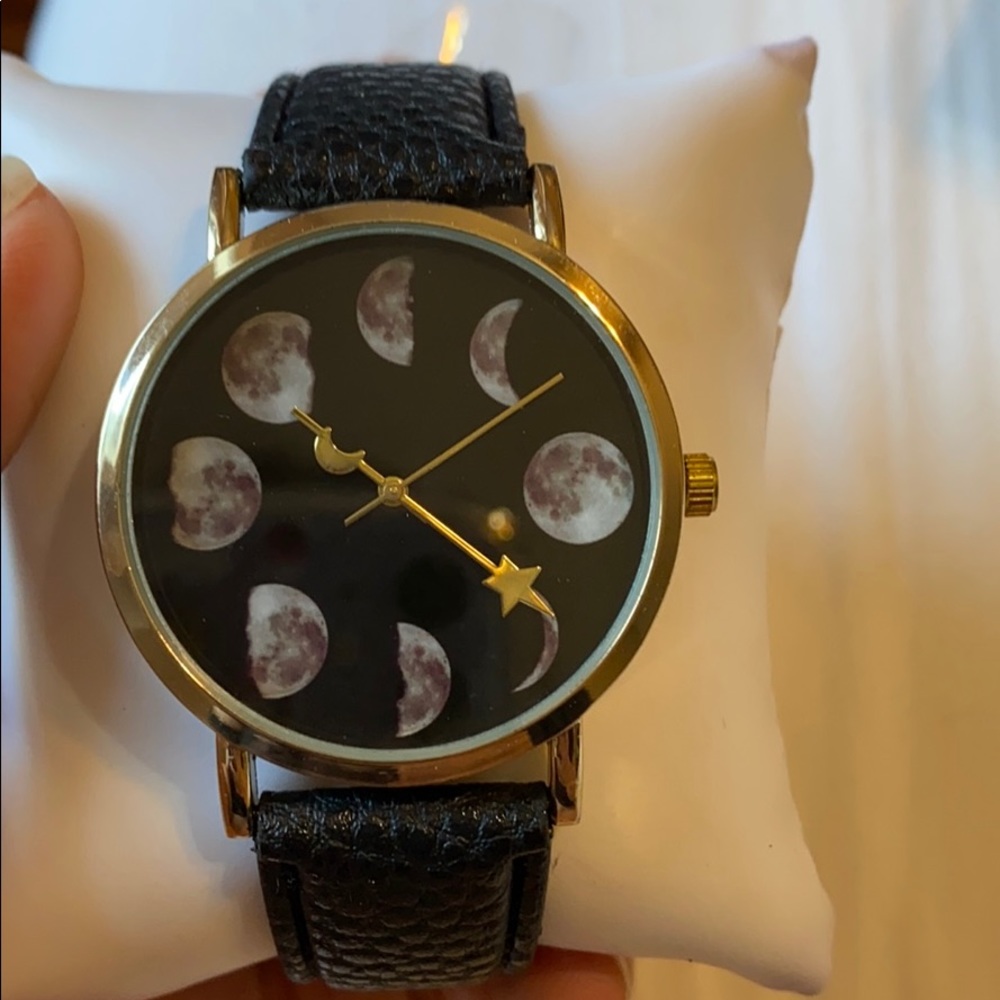 Unique Moon phase watch with genuine leather strap